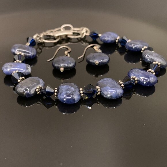 Dark Blue Sodalite Stone Sterling Silver 925 Bracelet Earrings Set J521 - Picture 6 of 6
